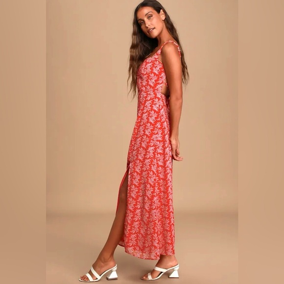 Lulus Back to Backless Red Print Lace-Up Backless Midi Dress Size Medium - Picture 3 of 7
